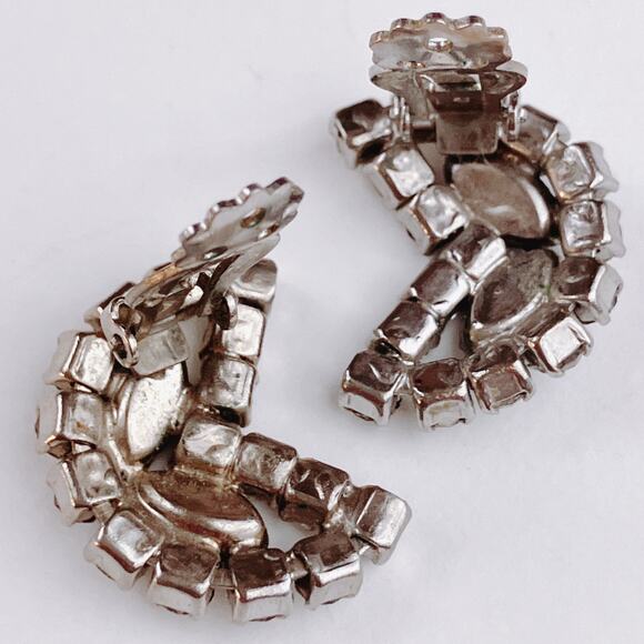 VTG Mid Century Clip On Earrings Rhinestone Crescent Silver Tone 1950s 1960s - Picture 8 of 12